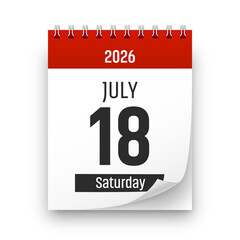Date 18 July 2026 year realistic calendar day page design. July 18 transparent png