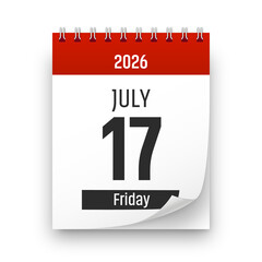Date 17 July 2026 year realistic calendar day page design. July 17 transparent png