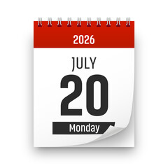 Date 20 July 2026 year realistic calendar day page design. July 20 transparent png