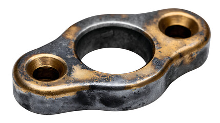 Close up of a metal flange with two holes and a center opening on white