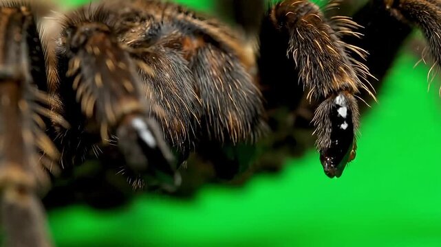Extreme close-up of a hairy tarantula leg with sharp claws on a vibrant green background