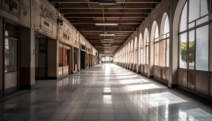 Obraz premium Empty retail corridor inside closed shopping center during recession