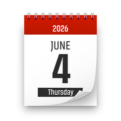 Date 4 June 2026 year realistic calendar day page design. June 4 transparent png