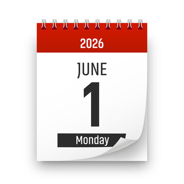 Date 1 June 2026 year realistic calendar day page design. June 1 transparent png