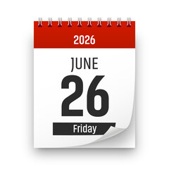 Date 26 June 2026 year realistic calendar day page design. June 26 transparent png