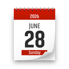 Date 28 June 2026 year realistic calendar day page design. June 28 transparent png