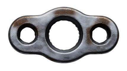 Close up of a metal flange with three holes on a white background studio