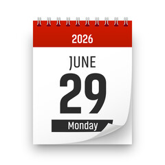 Date 29 June 2026 year realistic calendar day page design. June 29 transparent png