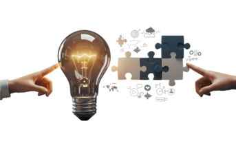 Illustration of Hands Pointing Towards Lightbulb and Puzzle on Black Background