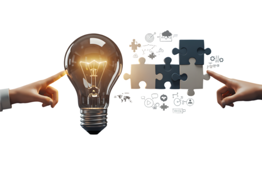 Illustration of Hands Pointing Towards Lightbulb and Puzzle on Black Background