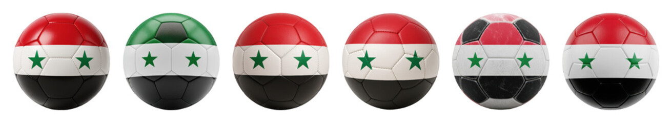 Fototapeta premium Syria flag football set including standard, green panel, and distressed versions isolated. National pride and sports collection.