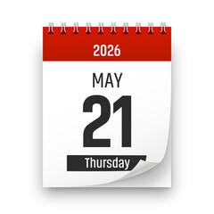Date 21 May 2026 year realistic calendar day page design. May 21 transparent png