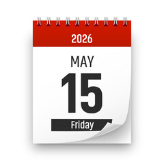Date 15 May 2026 year realistic calendar day page design. May 15 transparent png