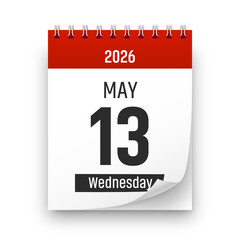 Date 13 May 2026 year realistic calendar day page design. May 13 transparent png