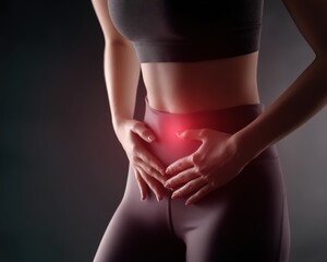 Fototapeta premium A woman experiencing abdominal discomfort, showcasing the importance of health awareness and self-care.