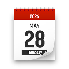 Date 28 May 2026 year realistic calendar day page design. May 28 transparent png
