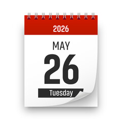 Date 26 May 2026 year realistic calendar day page design. May 26 transparent png