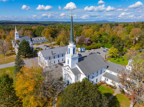 First Congregational Church aerial view at 1180 Main Street in historic town center of Holden, Massachusetts MA, USA. 