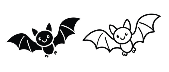This cute cartoon style vector illustration features a smiling bat in both silhouette and outline versions. Perfect for Halloween, children's events, or any playful design Isolated on white background