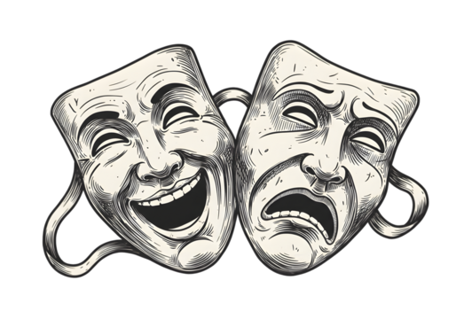 Illustration of Happy and Sad Theater Masks in Black and White
