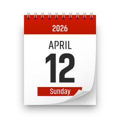 Date 12 April 2026 year realistic calendar day page design. April 12 transparent png