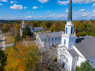 First Congregational Church aerial view at 1180 Main Street in historic town center of Holden, Massachusetts MA, USA. 