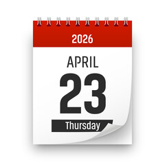 Date 23 April 2026 year realistic calendar day page design. April 23 transparent png