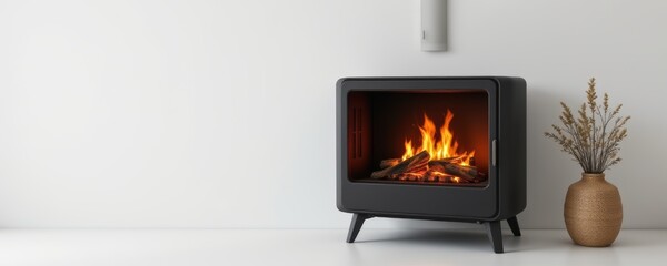 Modern Fireplace with Burning Flames in Minimalist Interior
