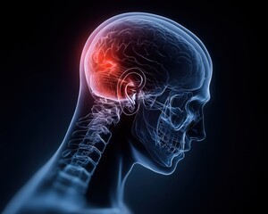 An anatomical illustration showcasing a side view of a human skull and brain highlighting neurological activity.