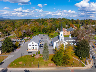 Holden town center aerial view including First Congregational Church, Baptist Church and Town Hall on Main Street, Holden, Massachusetts MA, USA. 