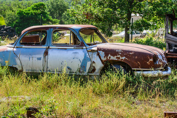 rusted cars in the forest