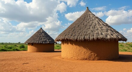 Two traditional thatched mud huts stand under a vast, partly cloudy blue sky in a dry, reddish-brown landscape, evoking a sense of rural African village life