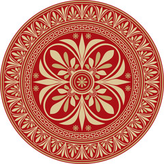 Vector gold with red classic Greek round ornament. Circle of Ancient Greece and the Roman Empire. Byzantine painting of walls, floors and ceilings. Decoration of European palaces.
