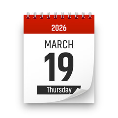 Date 19 March 2026 year realistic calendar day page design. March 19 transparent png