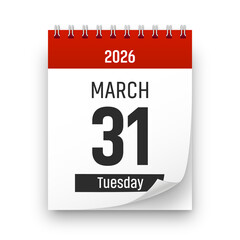 Date 31 March 2026 year realistic calendar day page design. March 31 transparent png
