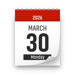 Date 30 March 2026 year realistic calendar day page design. March 30 transparent png
