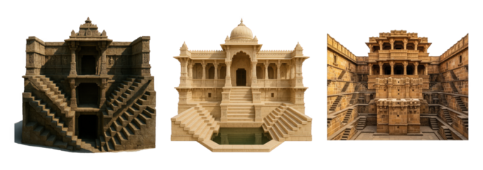 Indian stepwell architecture set including detailed stone carvings and historical structures isolated. Cultural heritage and travel collection.