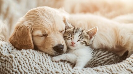 loyal. Golden retriever puppy nuzzling tabby kitten, capturing heartwarming animal friendship. wildlife magazines, conservation campaigns, designed for nature documentaries and education.