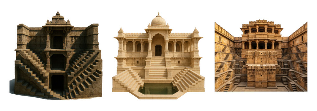 Indian stepwell architecture set including detailed stone carvings and historical structures isolated. Cultural heritage and travel collection.