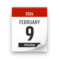 Date 9 February 2026 year realistic calendar day page design. February 9 transparent png