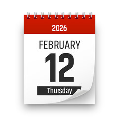 Date 12 February 2026 year realistic calendar day page design. February 12 transparent png