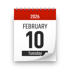 Date 10 February 2026 year realistic calendar day page design. February 10 transparent png