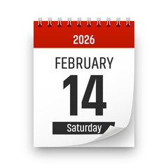 Date 14 February 2026 year realistic calendar day page design. February 14 transparent png