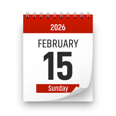 Date 15 February 2026 year realistic calendar day page design. February 15 transparent png