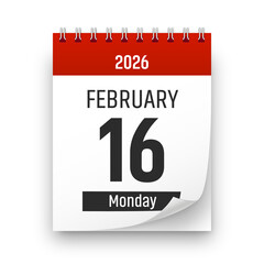 Date 16 February 2026 year realistic calendar day page design. February 16 transparent png