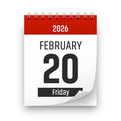 Date 20 February 2026 year realistic calendar day page design. February 20 transparent png