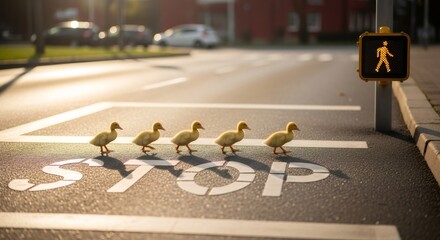 Five ducklings crossing asphalt road at pedestrian crosswalk in yellow sunlight. Safety for animals on street. Road safety concept.