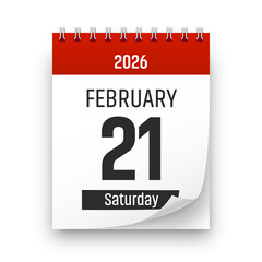 Date 21 February 2026 year realistic calendar day page design. February 21 transparent png