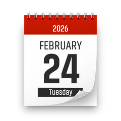 Date 24 February 2026 year realistic calendar day page design. February 24 transparent png