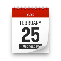 Date 25 February 2026 year realistic calendar day page design. February 25 transparent png